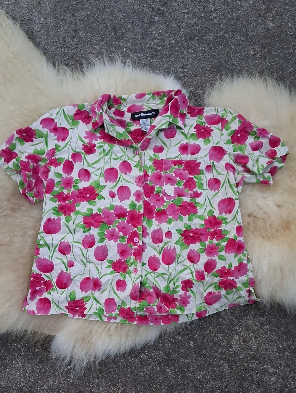Say Harbor Linen Button-Down Shirt with Pink Floral Print